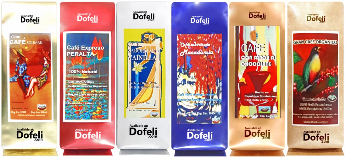 Dominican ground coffee selection from Soliman, Peralta and Gran, packaged in individual 2 oz bags.